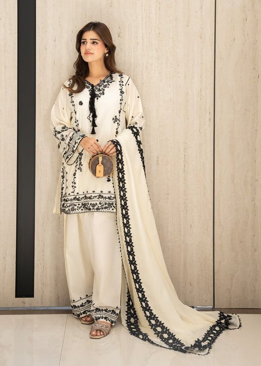 Almond White Embroidered Lawn