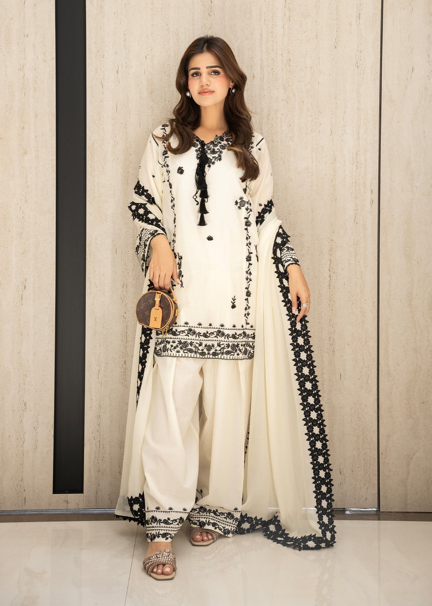 Almond White Embroidered Lawn
