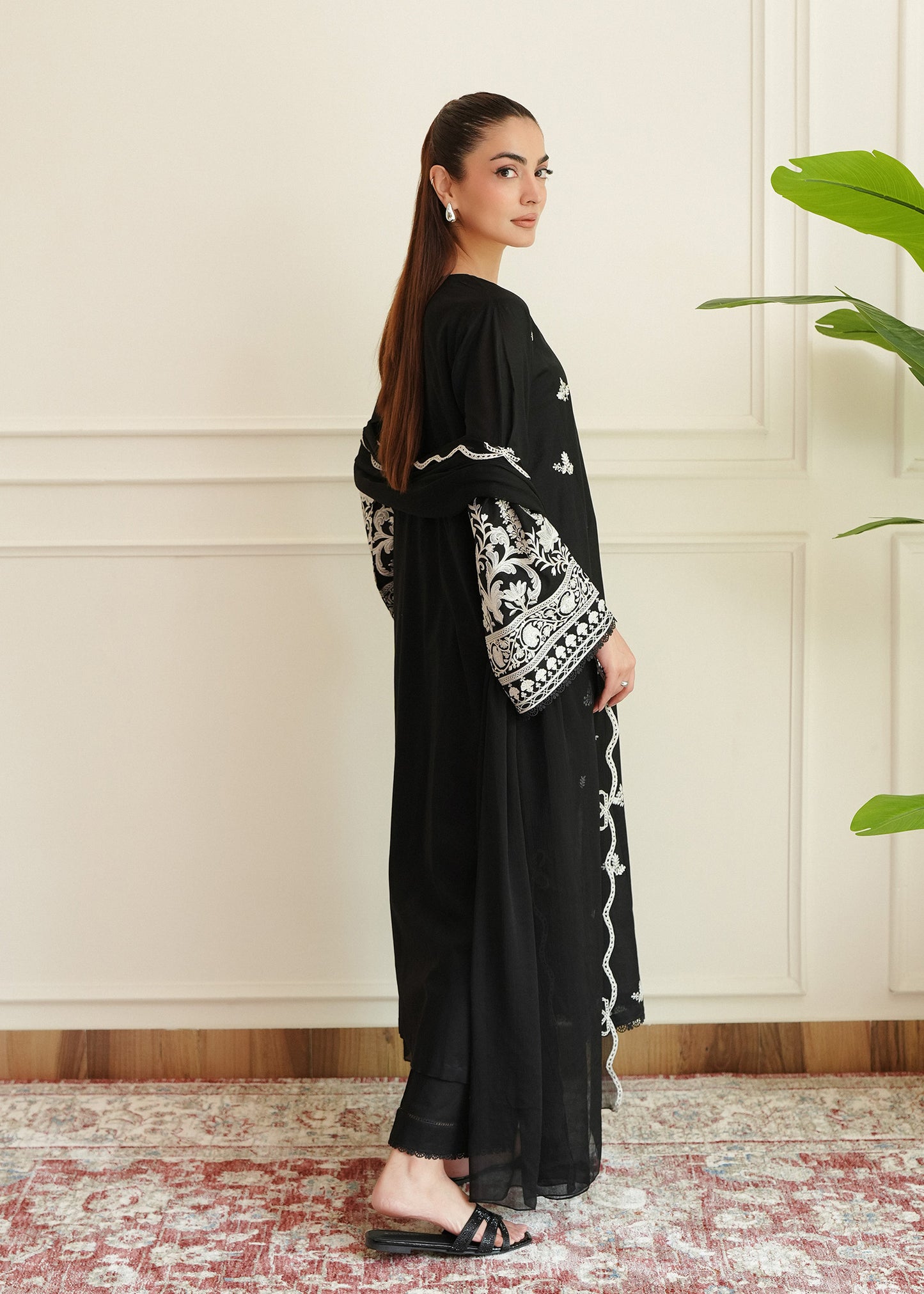 Black Embroidered Chiffon Dupatta