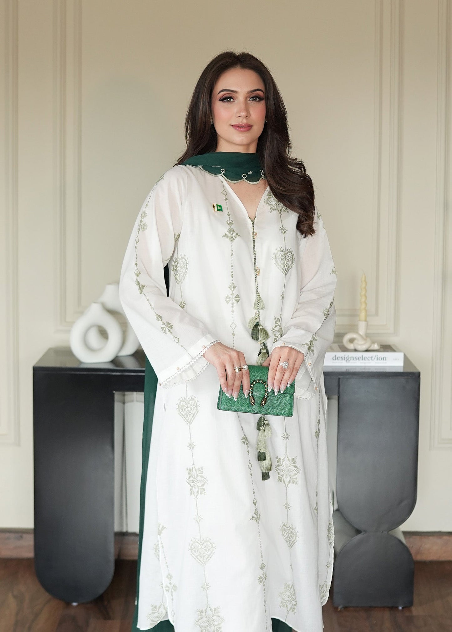 Olive on White Embroidered Lawn Co-ord Set