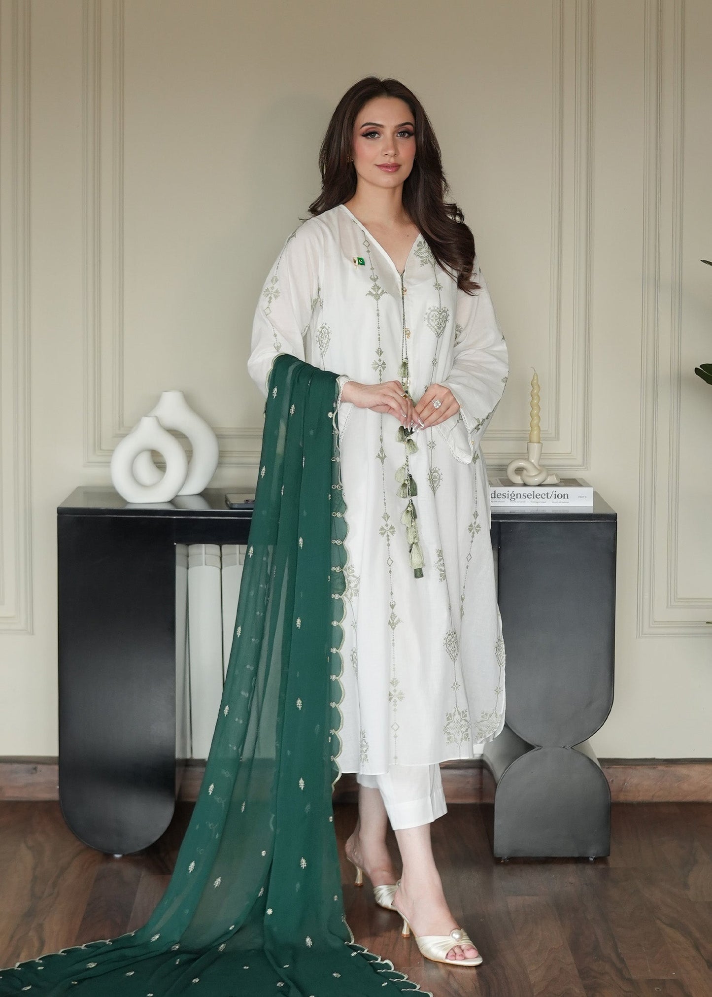 Olive on White Embroidered Lawn Co-ord Set