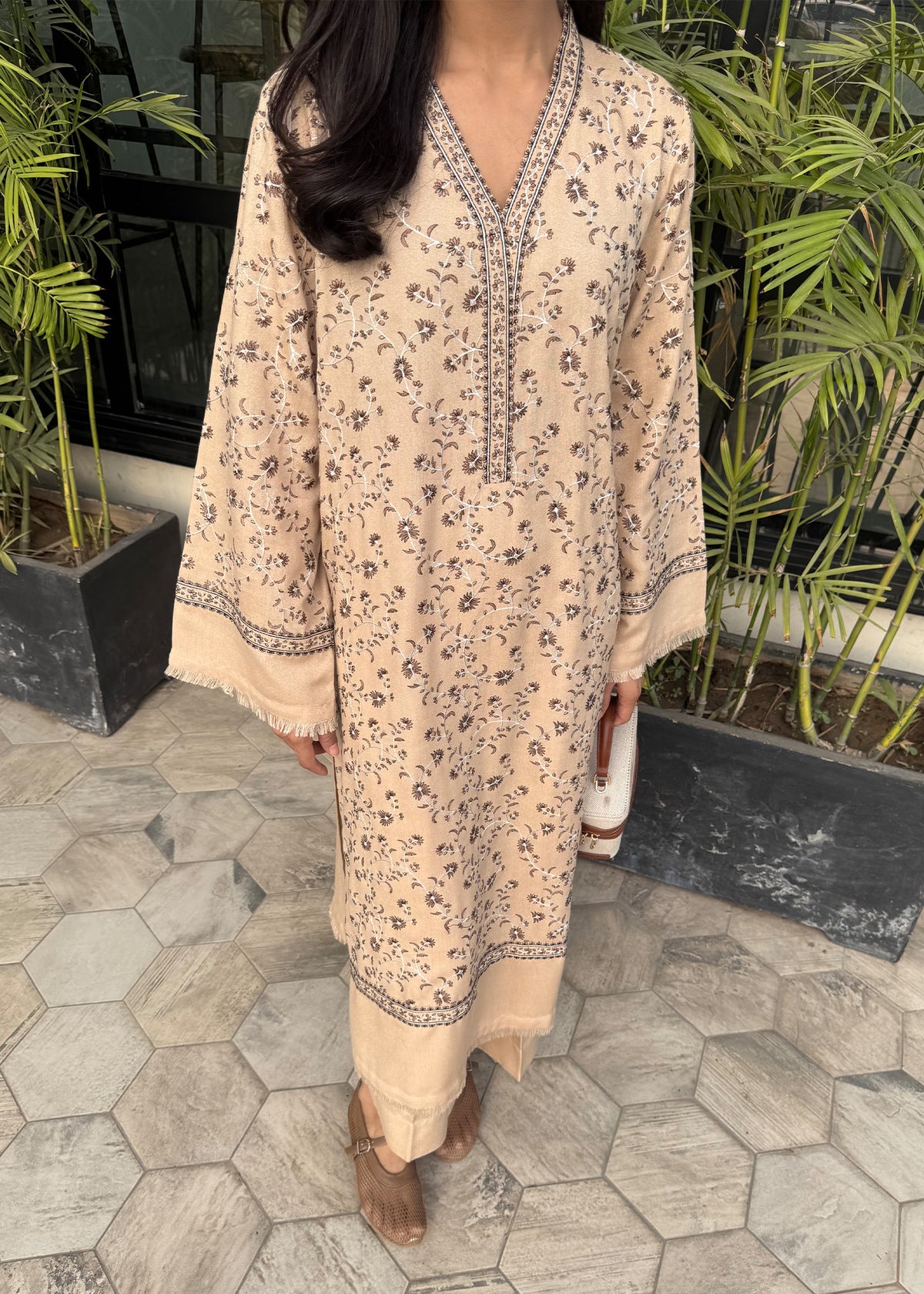 Beige Embroidered Karandi 2 PC Suit