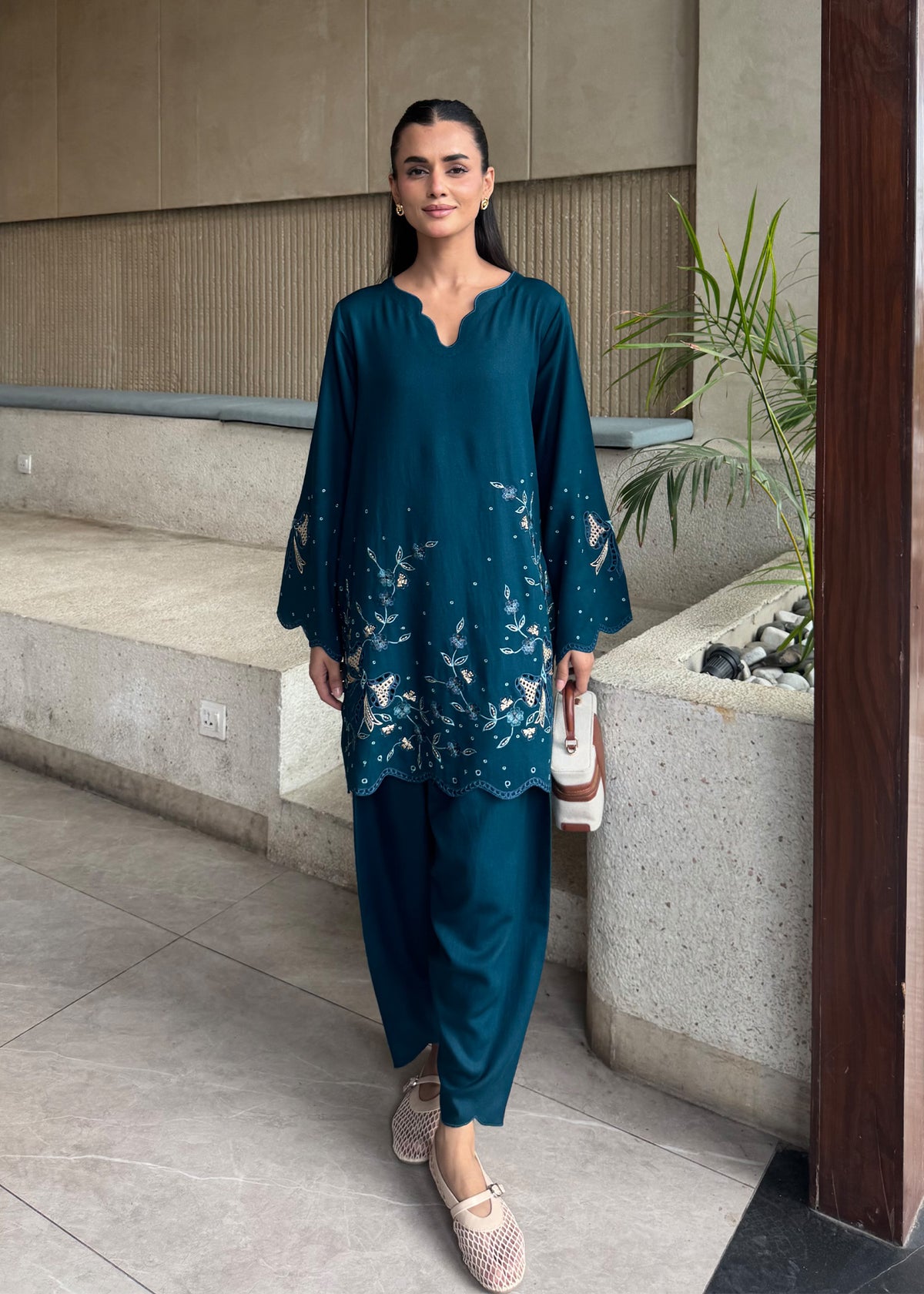 Teal Blue Embroidered Karandi 2 PC Suit