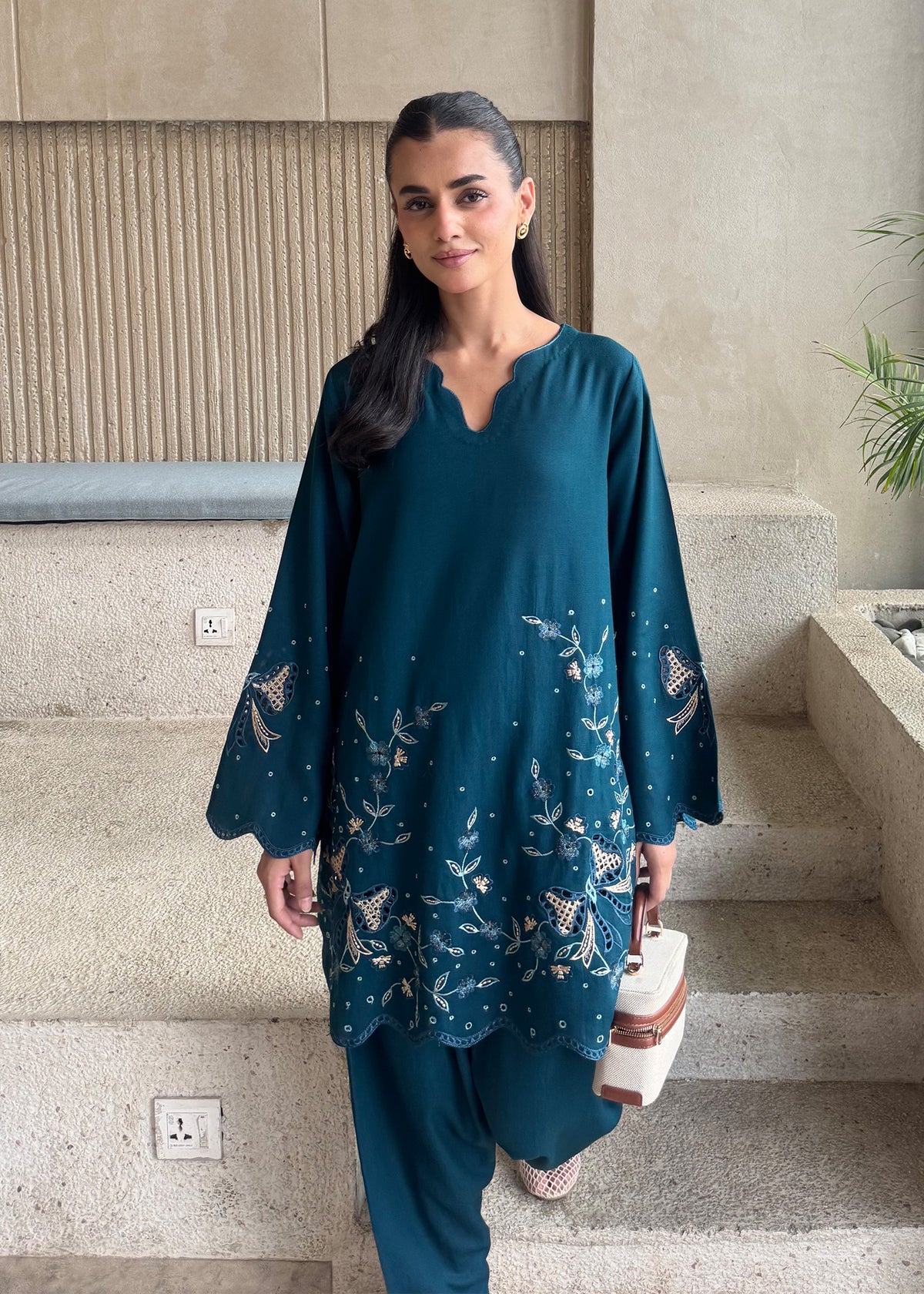 Teal Blue Embroidered Karandi 2 PC Suit