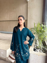 Teal Blue Embroidered Karandi 2 PC Suit