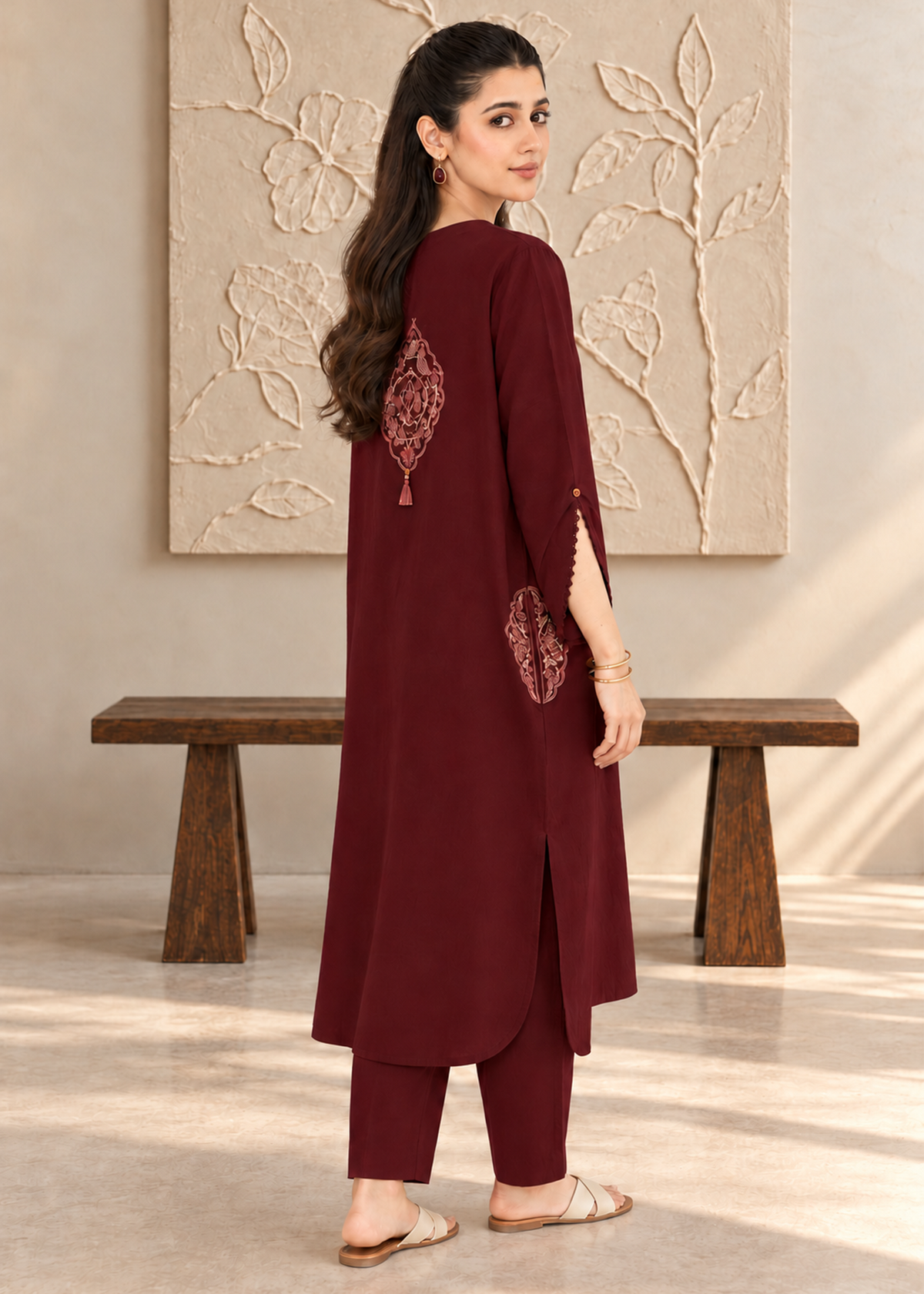 Maroon Embroidered Karandi 2 PC Suit